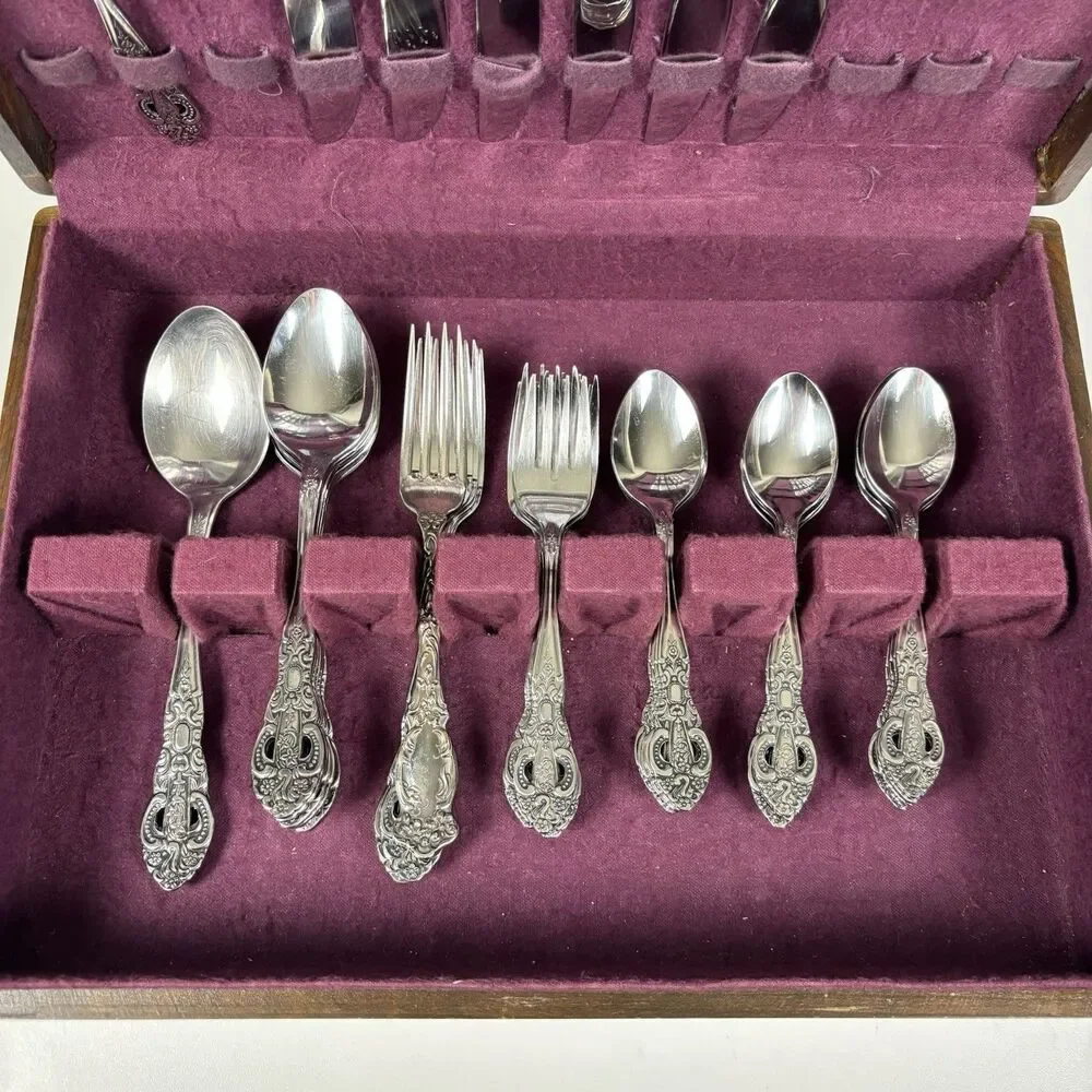 Vintage Kimco Stainless Steel Flatware Set Of 42 In Box Made In Korea Floral MCM